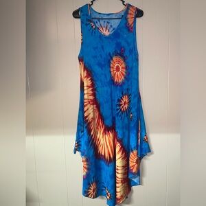 Vibrant Blue Tie-Dye Asymmetrical Sleeveless Dress